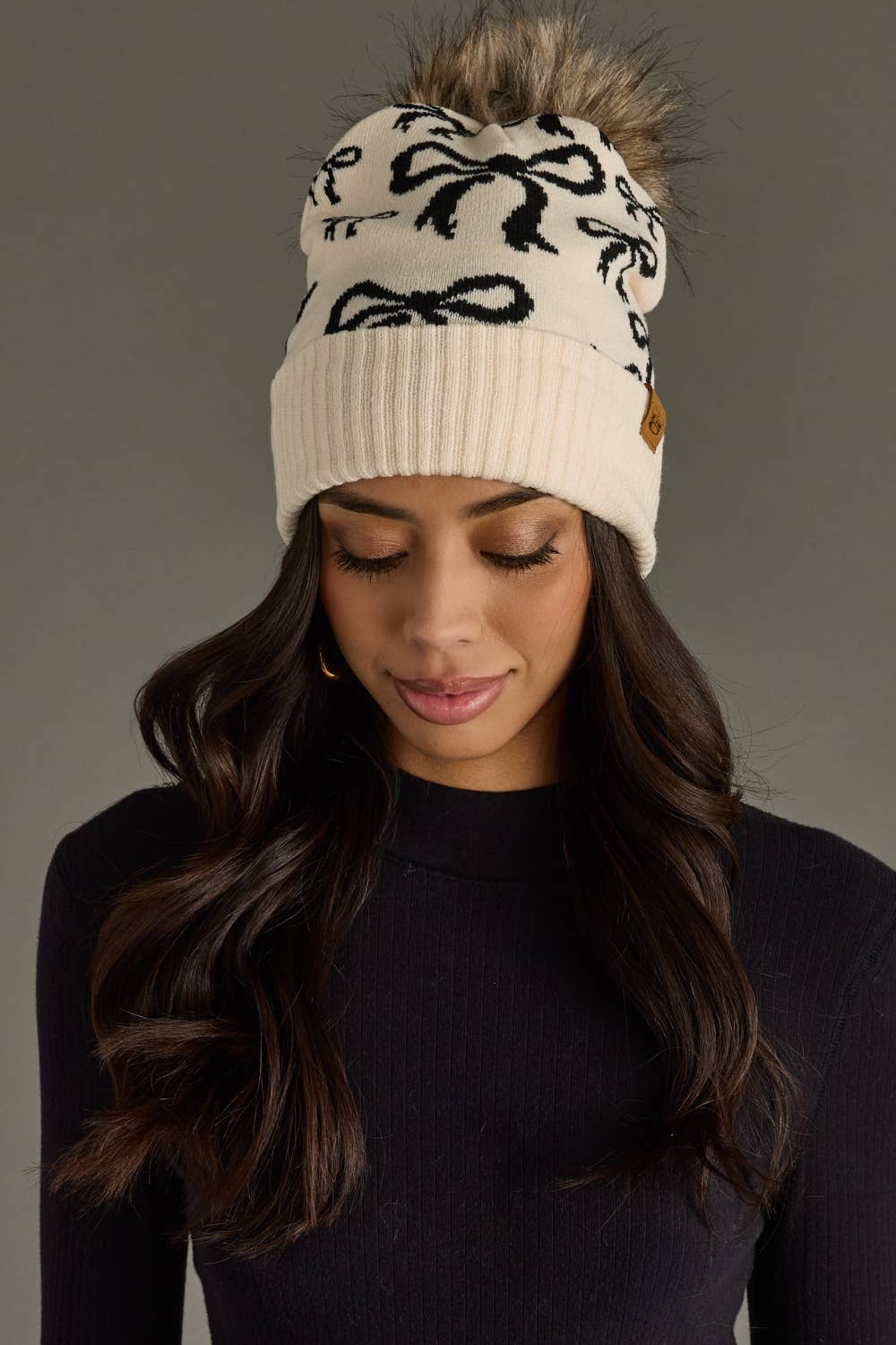 Panache Apparel Co. - Beige & Black Bow Pom Hat