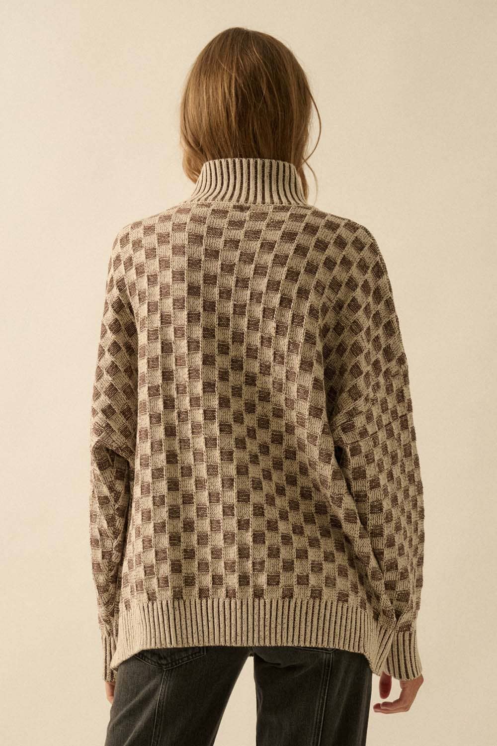Just Checking in Two-Tone Checkerboard Knit Mock-Neck Sweater