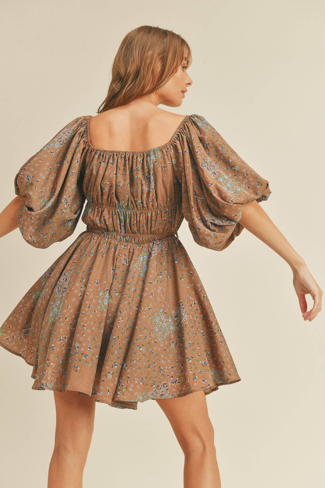 Parmalee FLORAL PRINT BUBBLE SLEEVE FLARED MINI DRESS