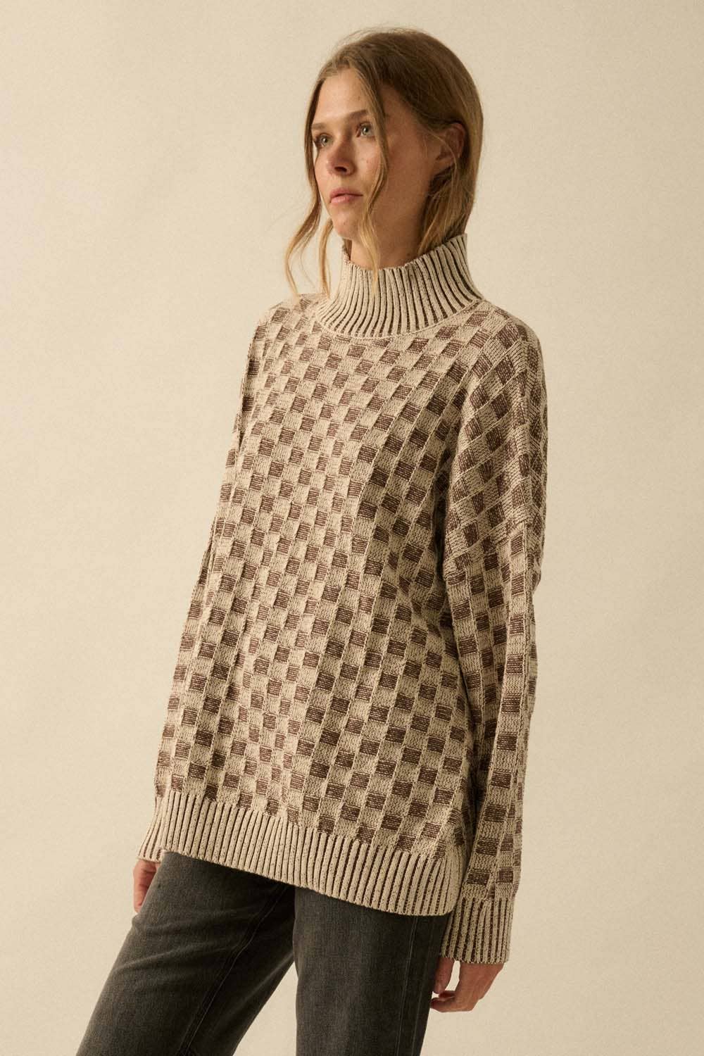 Just Checking in Two-Tone Checkerboard Knit Mock-Neck Sweater