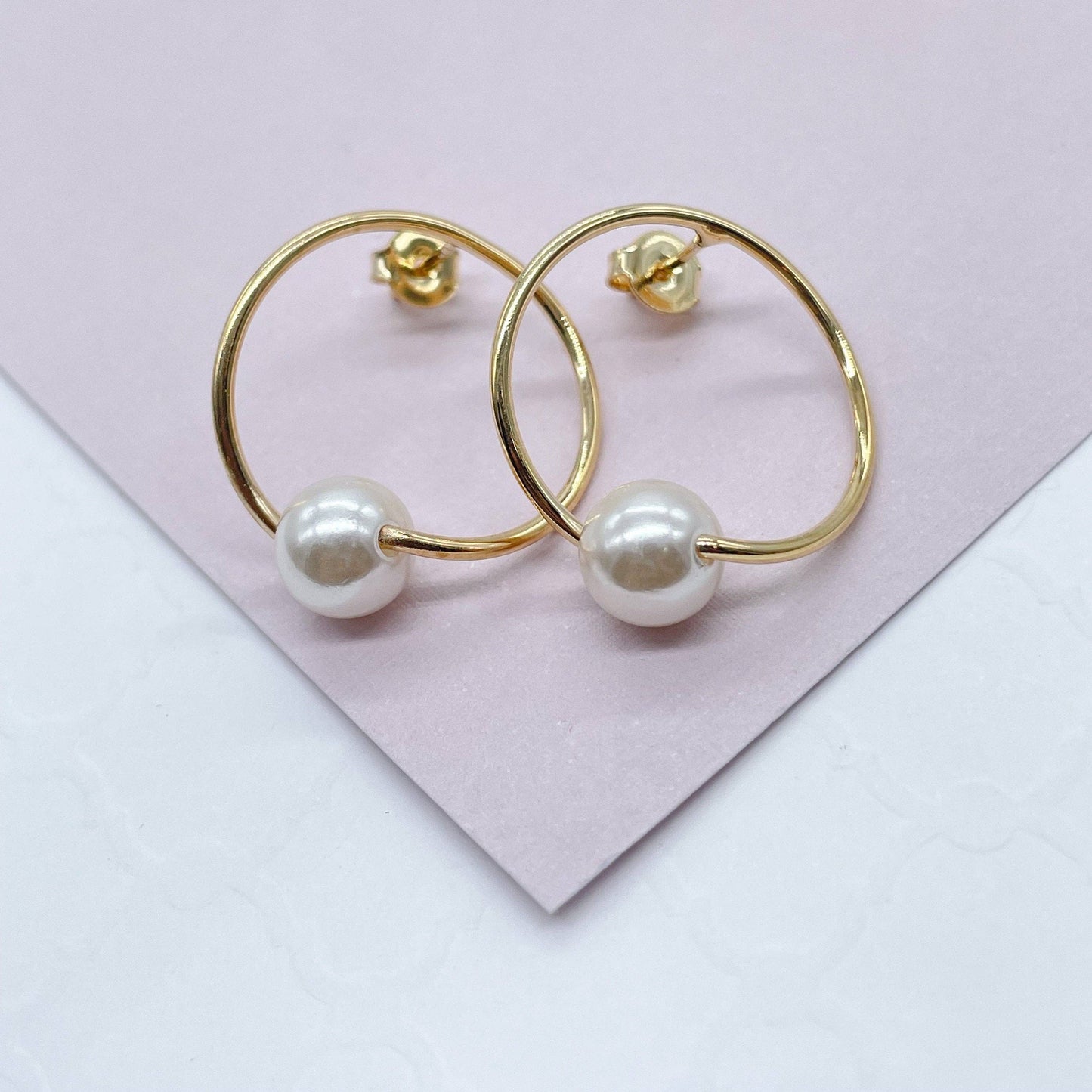 Milie Jewels - 18k Gold Filled Designed Thin Hoop Earring With Simulated Pearl Wholesale