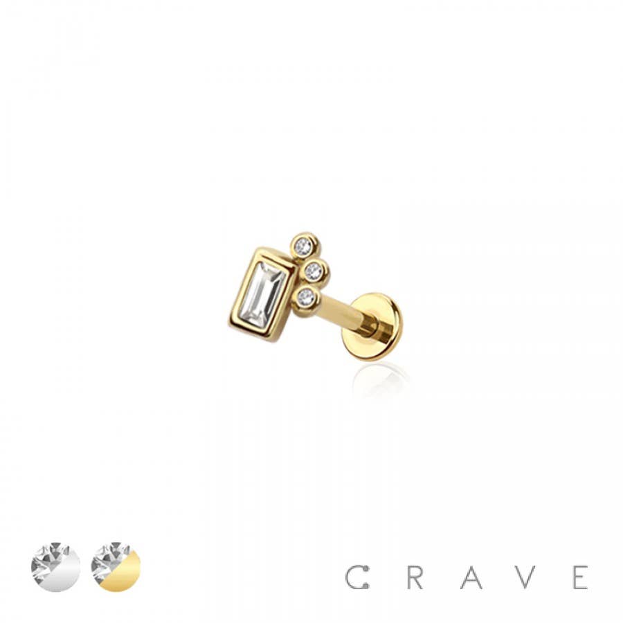 BODY JEWELRY - TRIPLE BEZEL BAGUETTE RECTANGLE CZ TOP THREADLESS (PUSH IN)