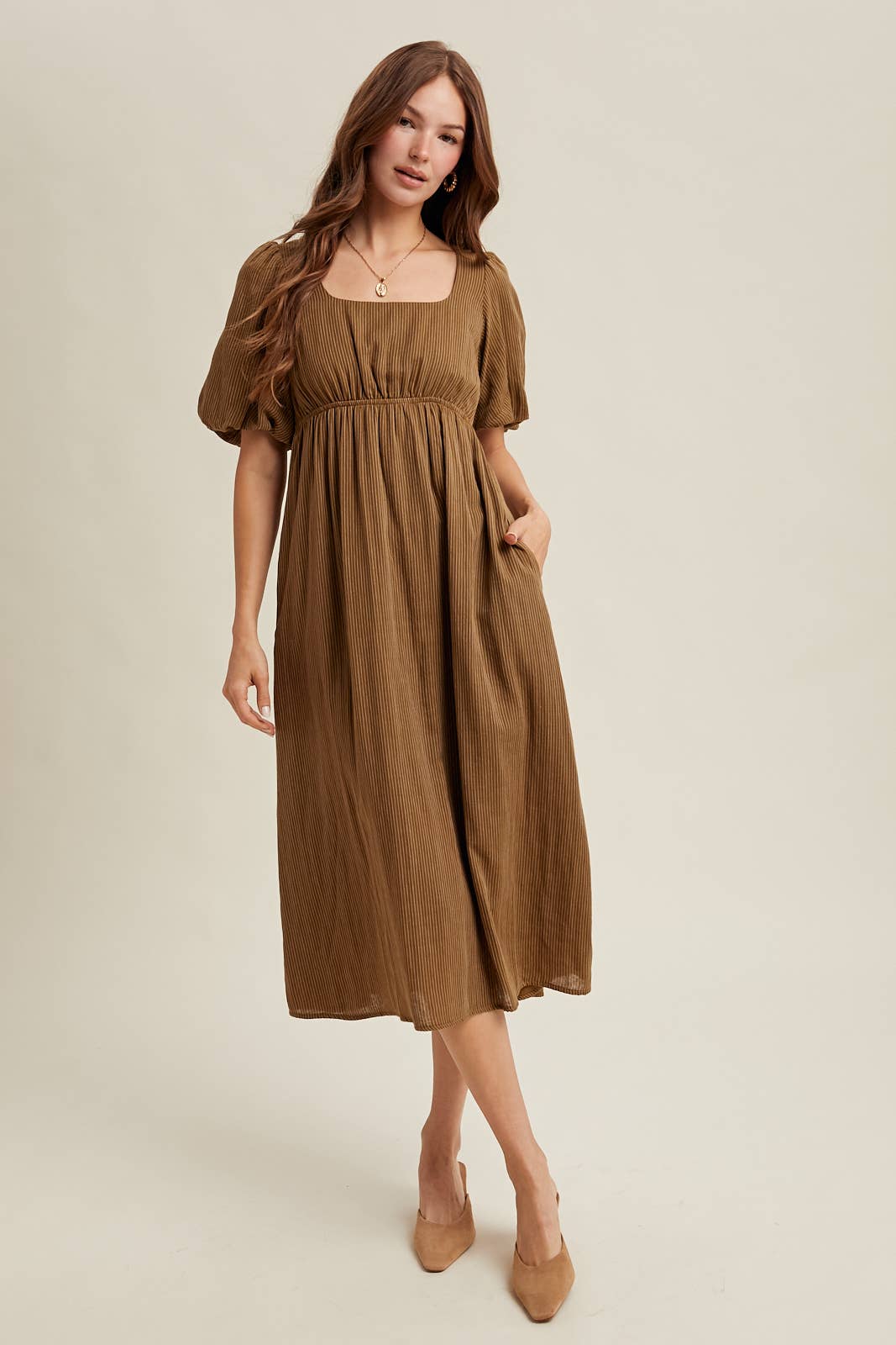 Fall on Me STRIPED PUFF SLEEVE MIDI DRESS / WL25