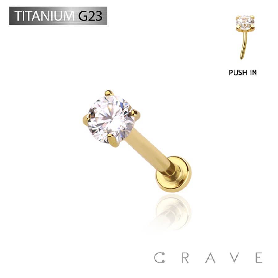 BODY JEWELRY - GOLD IMPLANT GRADE TITANIUM CZ PUSH IN THREADLESS LABRET