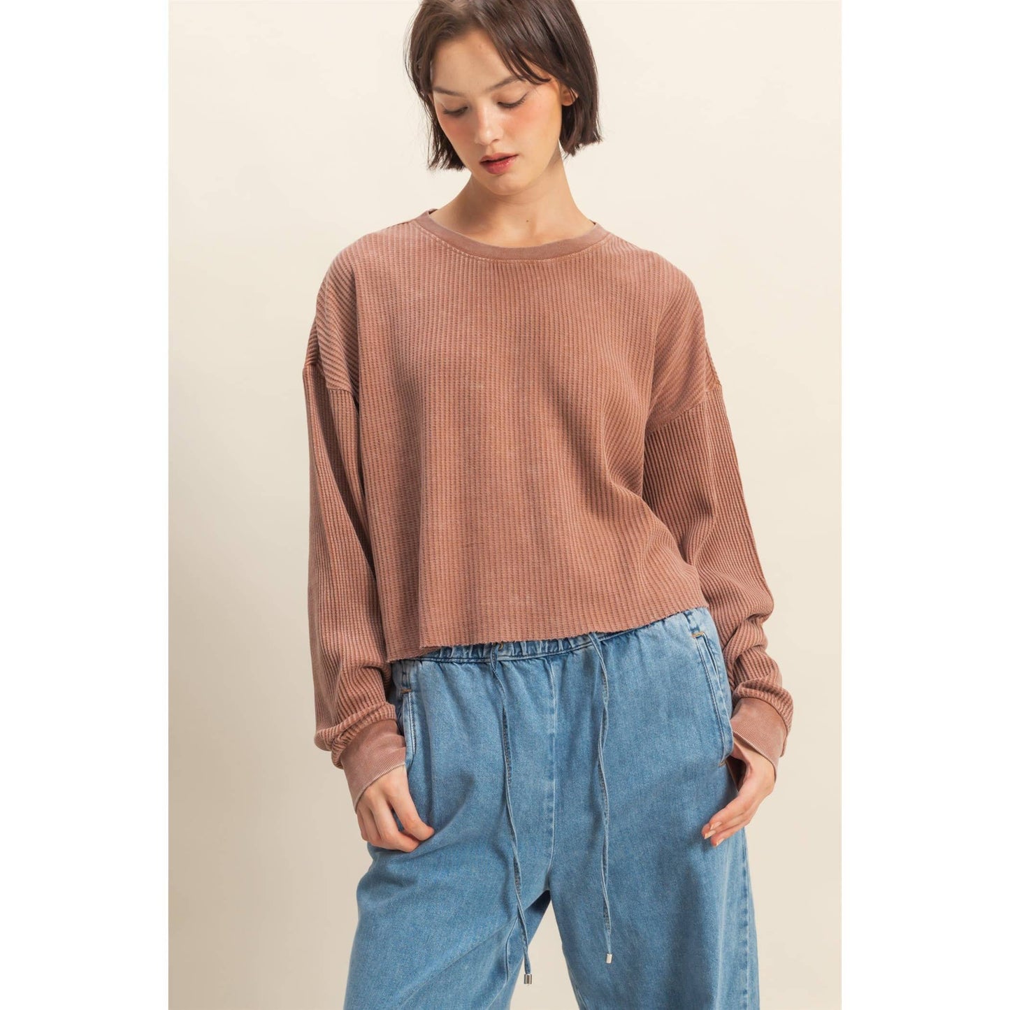 Just in time Mineral Washed Waffle Long Sleeve Top