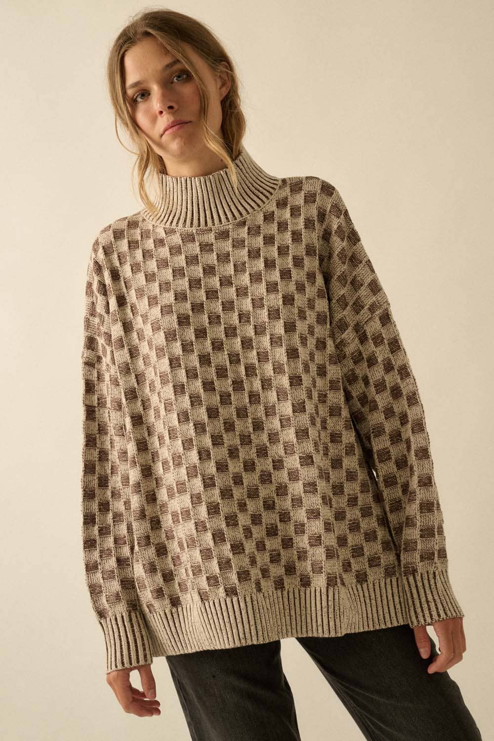 Just Checking in Two-Tone Checkerboard Knit Mock-Neck Sweater