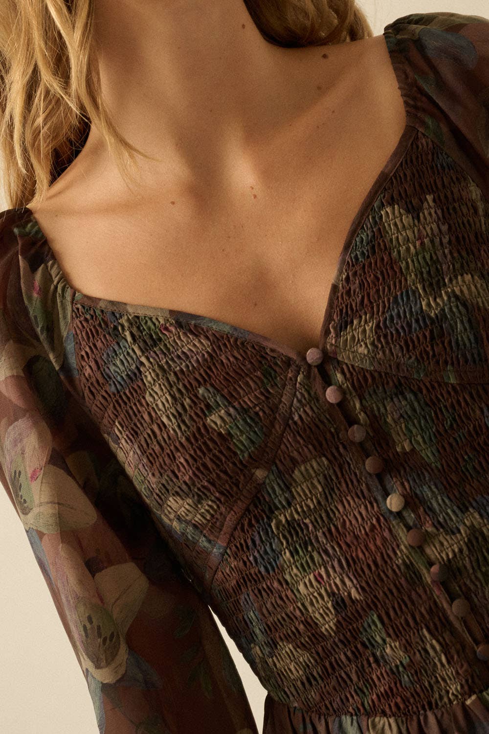 Harvest - Floral Smocked Sweetheart Bubble-Sleeve Midi Dress