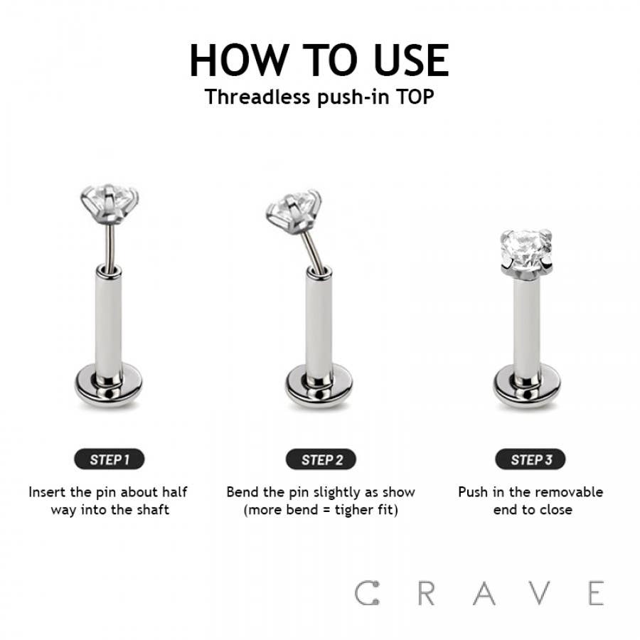 CRAVE BODY JEWELRY - IMPLANT GRADE SOLID TITANIUM TRIPLE CZ PUSH IN TOP LABRET