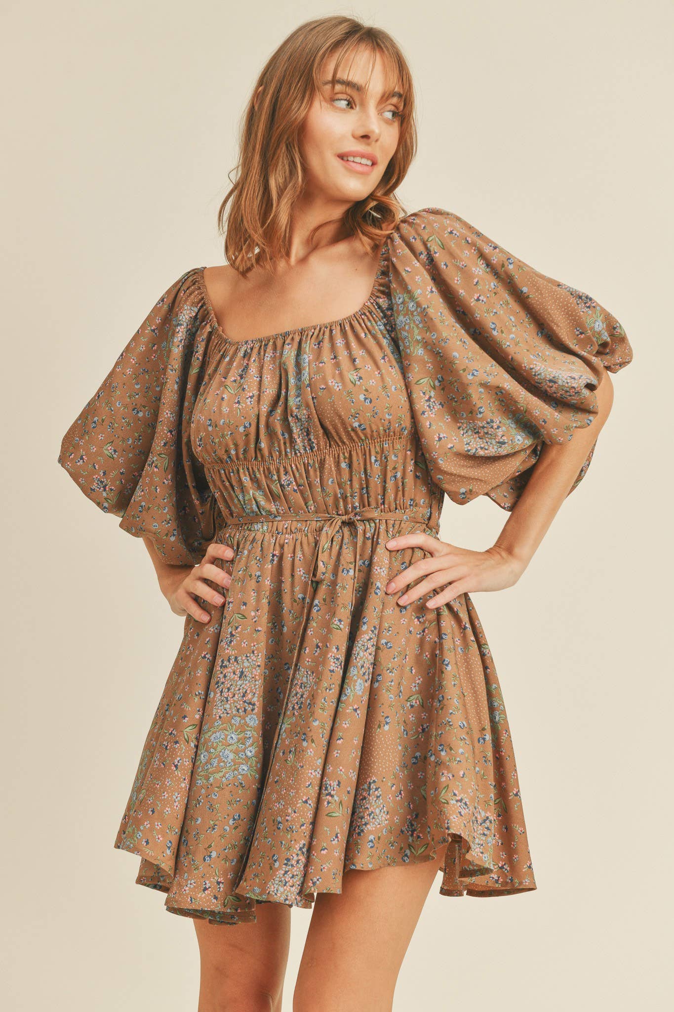 Parmalee FLORAL PRINT BUBBLE SLEEVE FLARED MINI DRESS