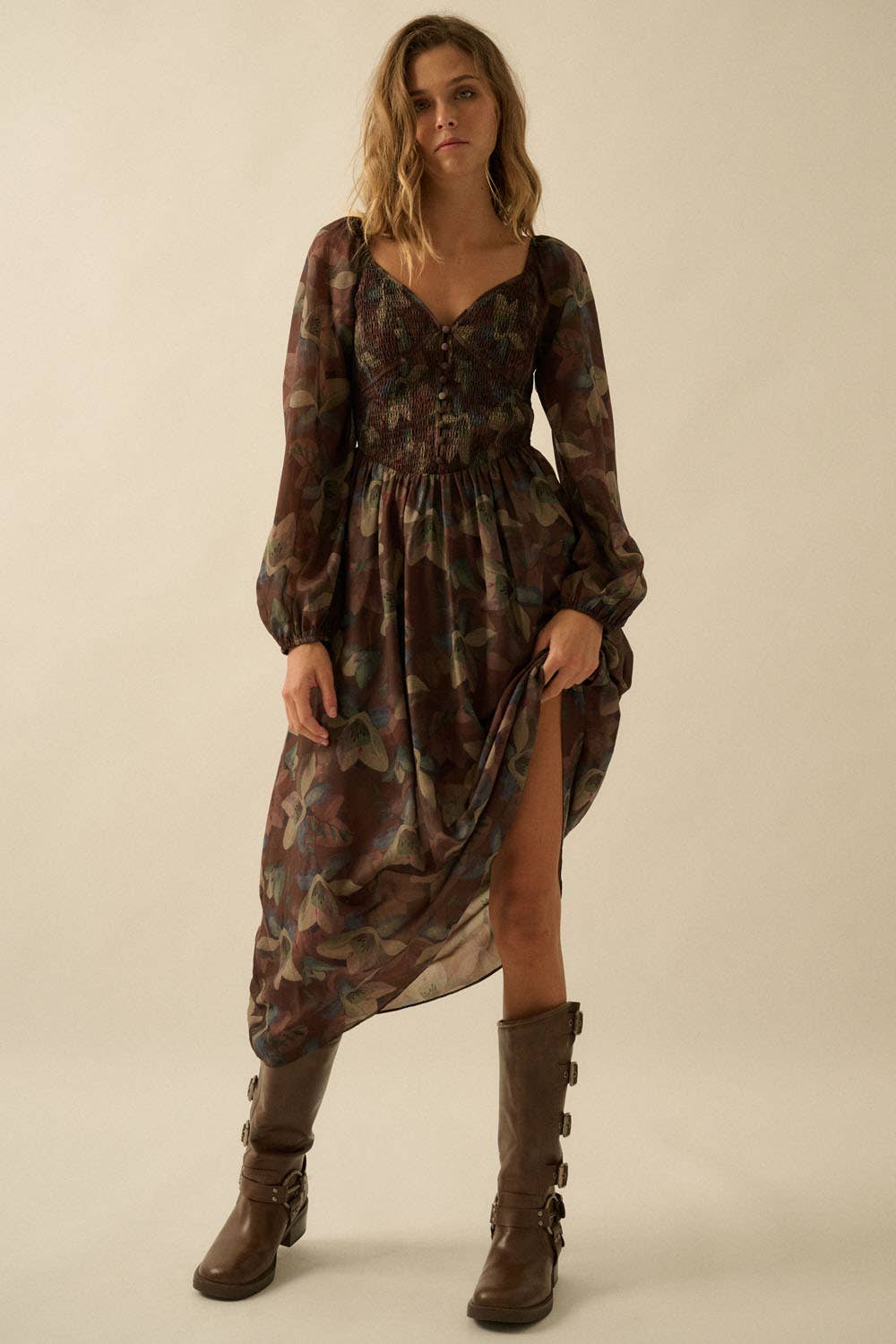 Harvest - Floral Smocked Sweetheart Bubble-Sleeve Midi Dress