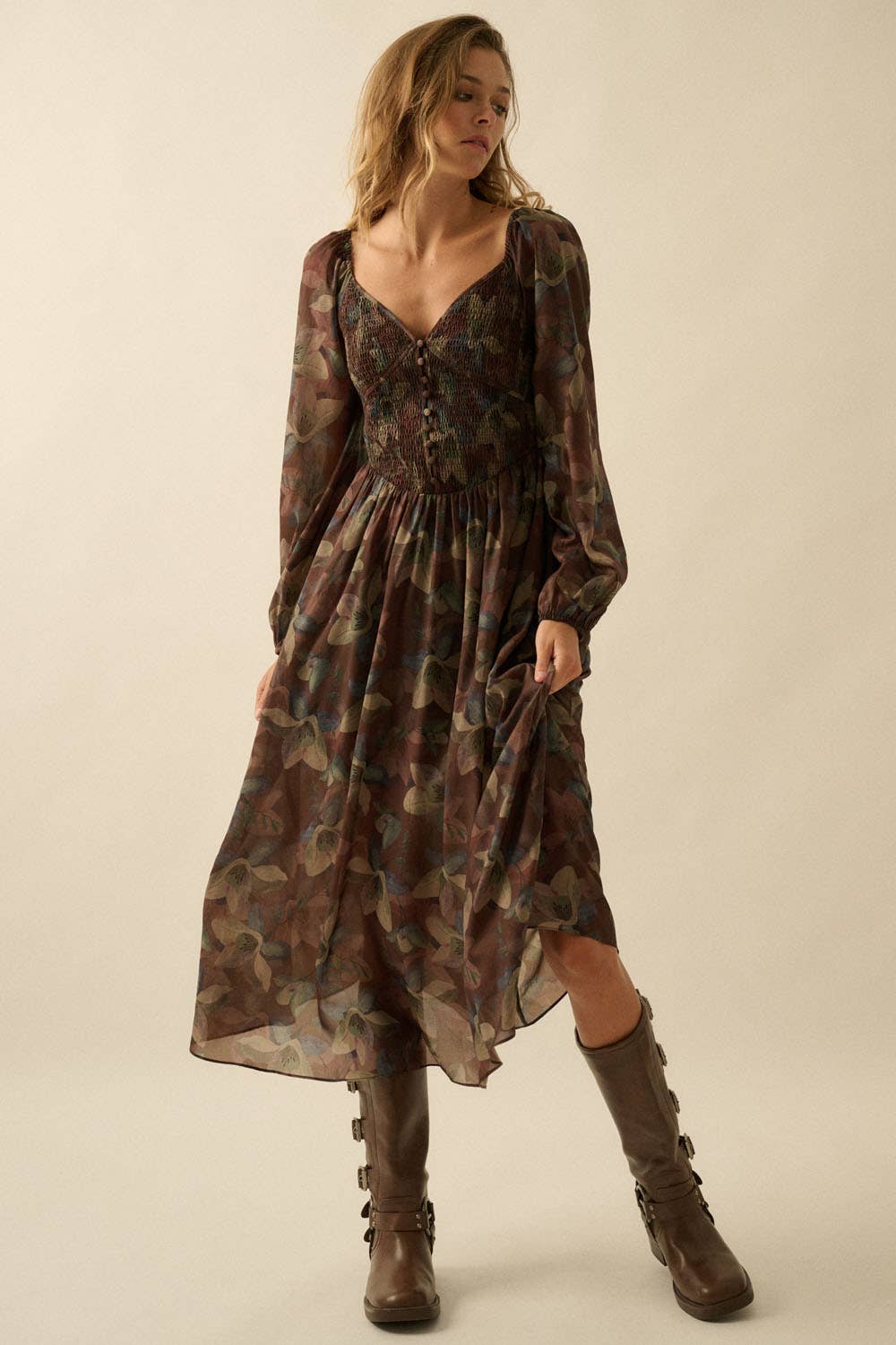 Harvest - Floral Smocked Sweetheart Bubble-Sleeve Midi Dress