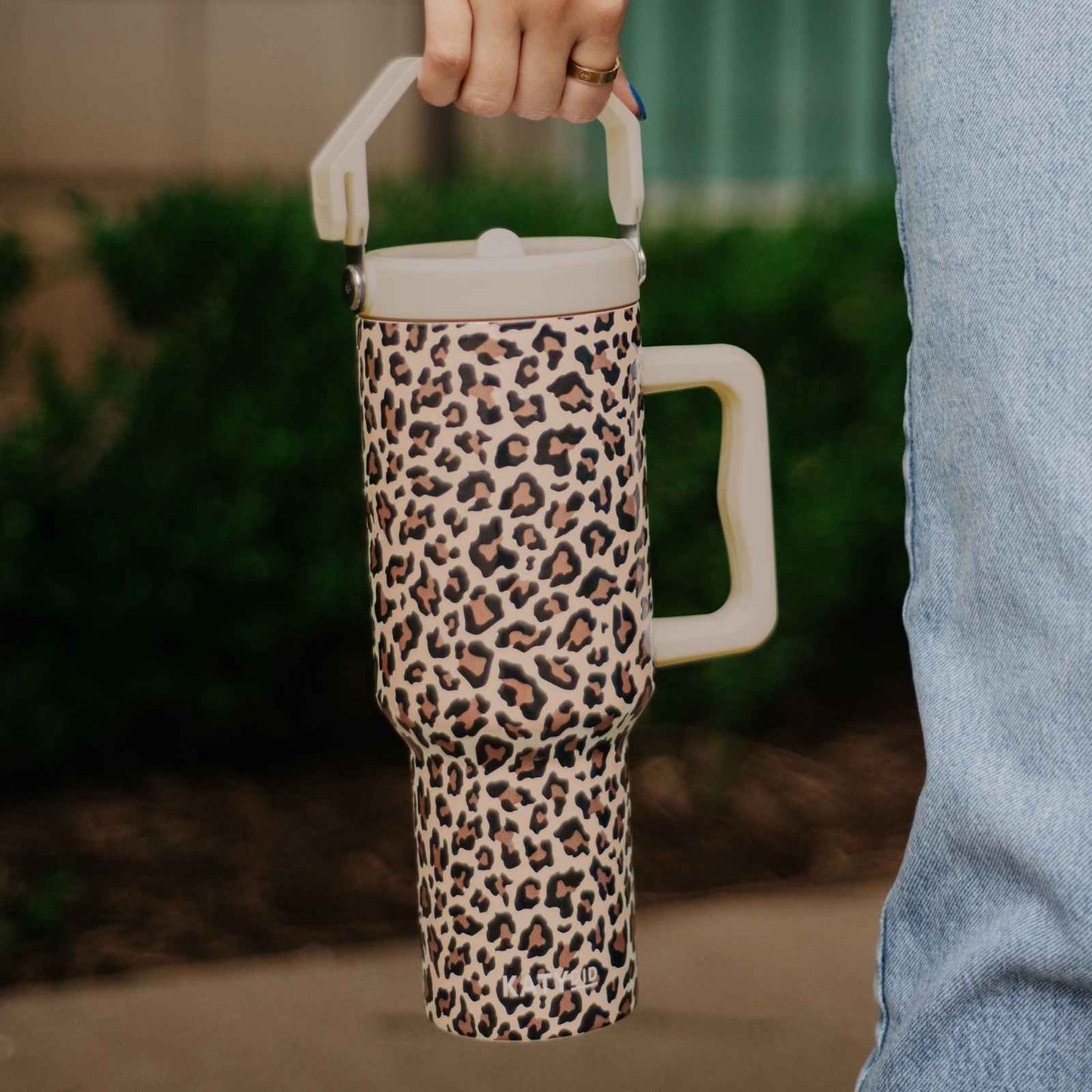 Katydid - Brown Leopard Metal Tumbler with Lid Handle