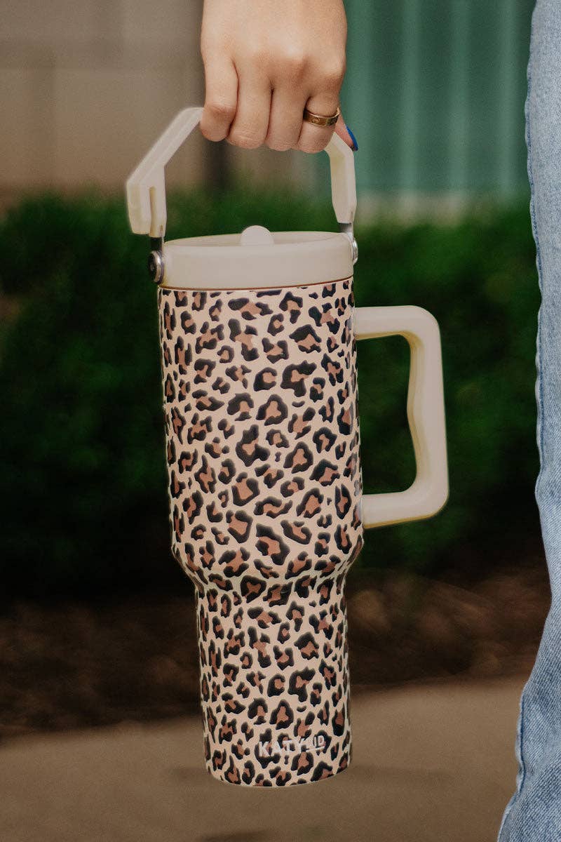 Katydid - Brown Leopard Metal Tumbler with Lid Handle