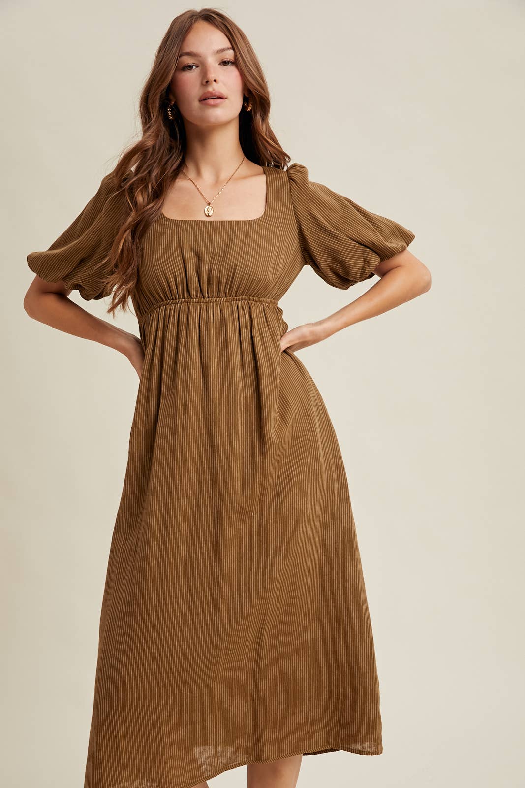 Fall on Me STRIPED PUFF SLEEVE MIDI DRESS / WL25