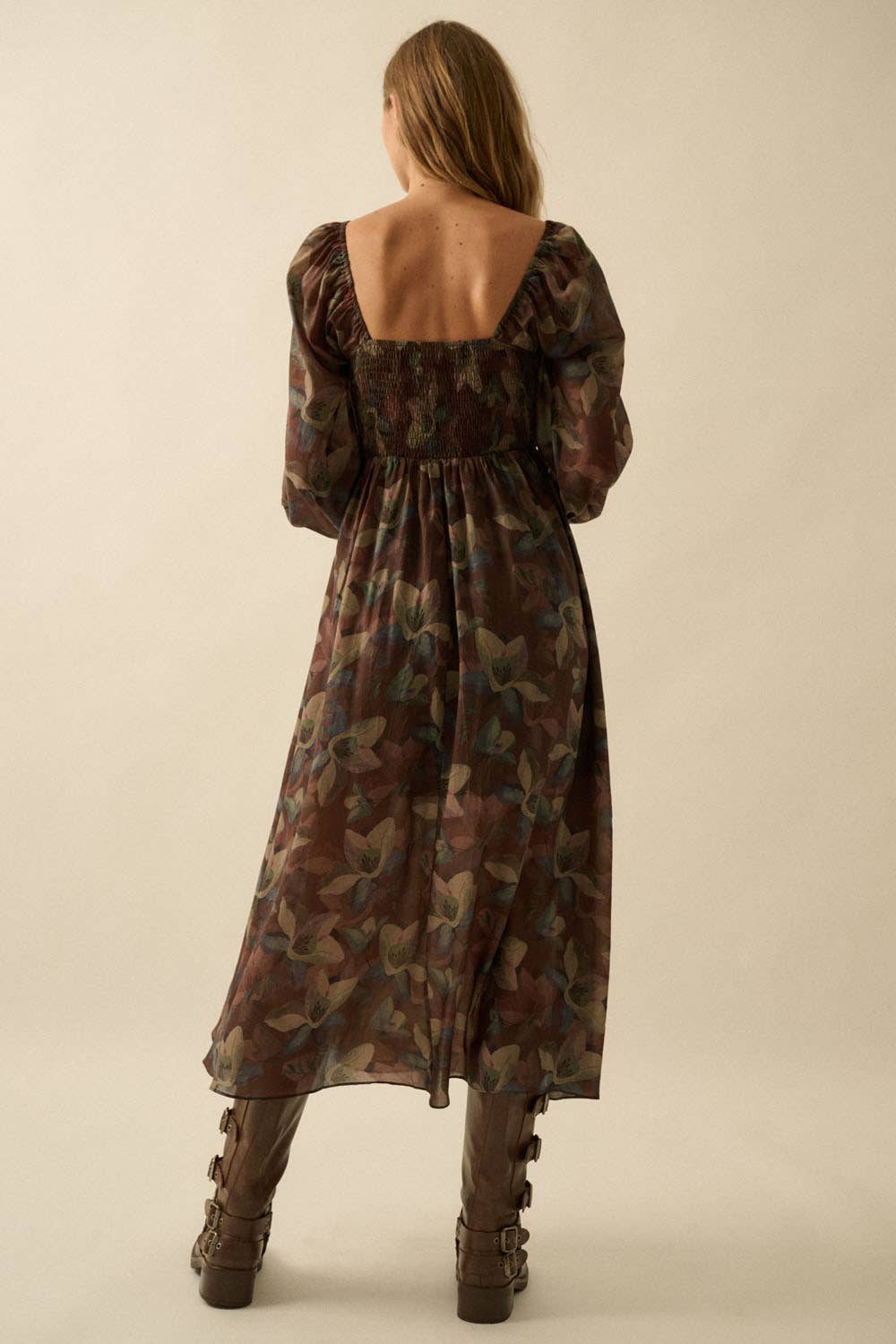 Harvest - Floral Smocked Sweetheart Bubble-Sleeve Midi Dress