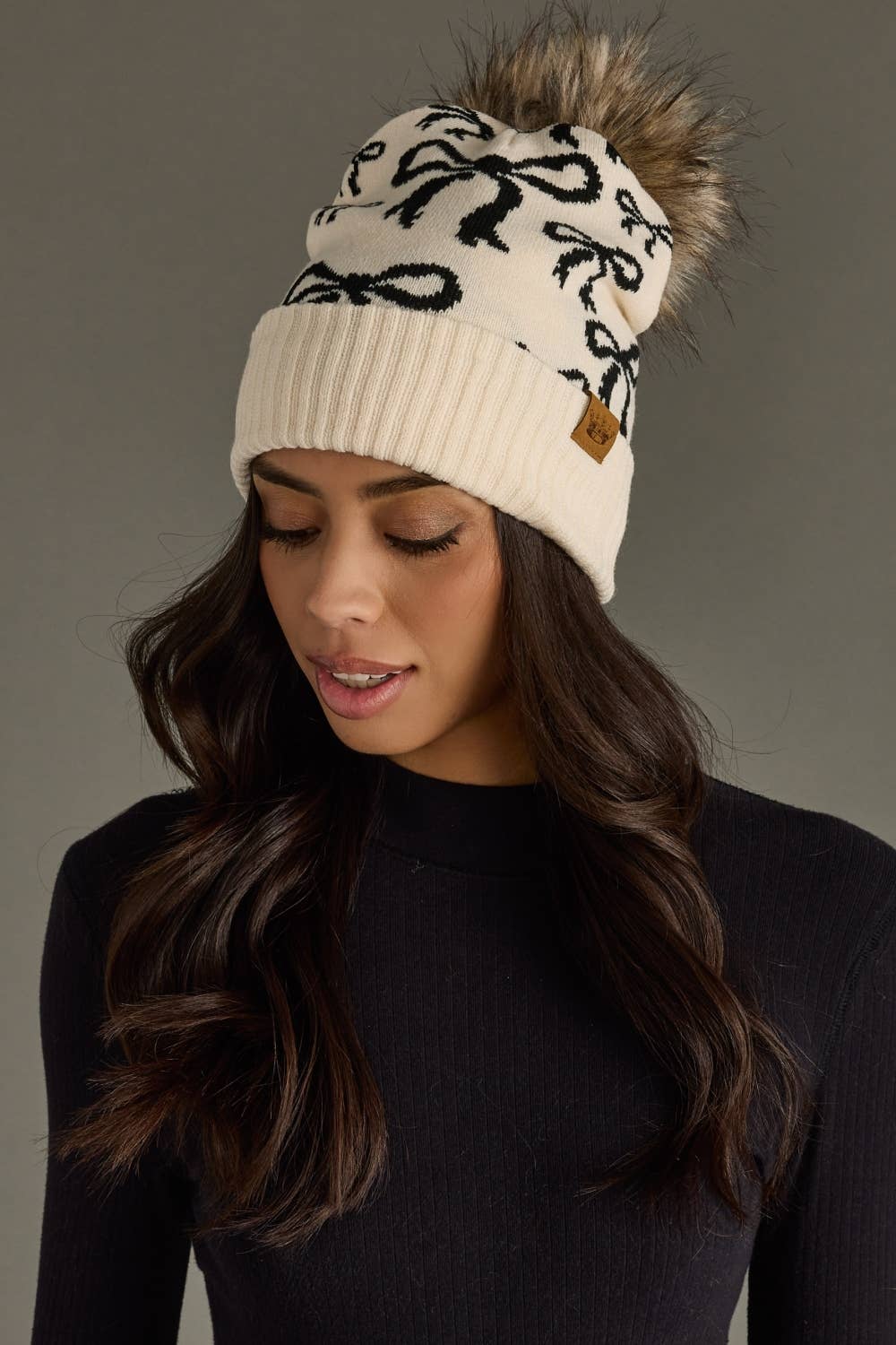 Panache Apparel Co. - Beige & Black Bow Pom Hat