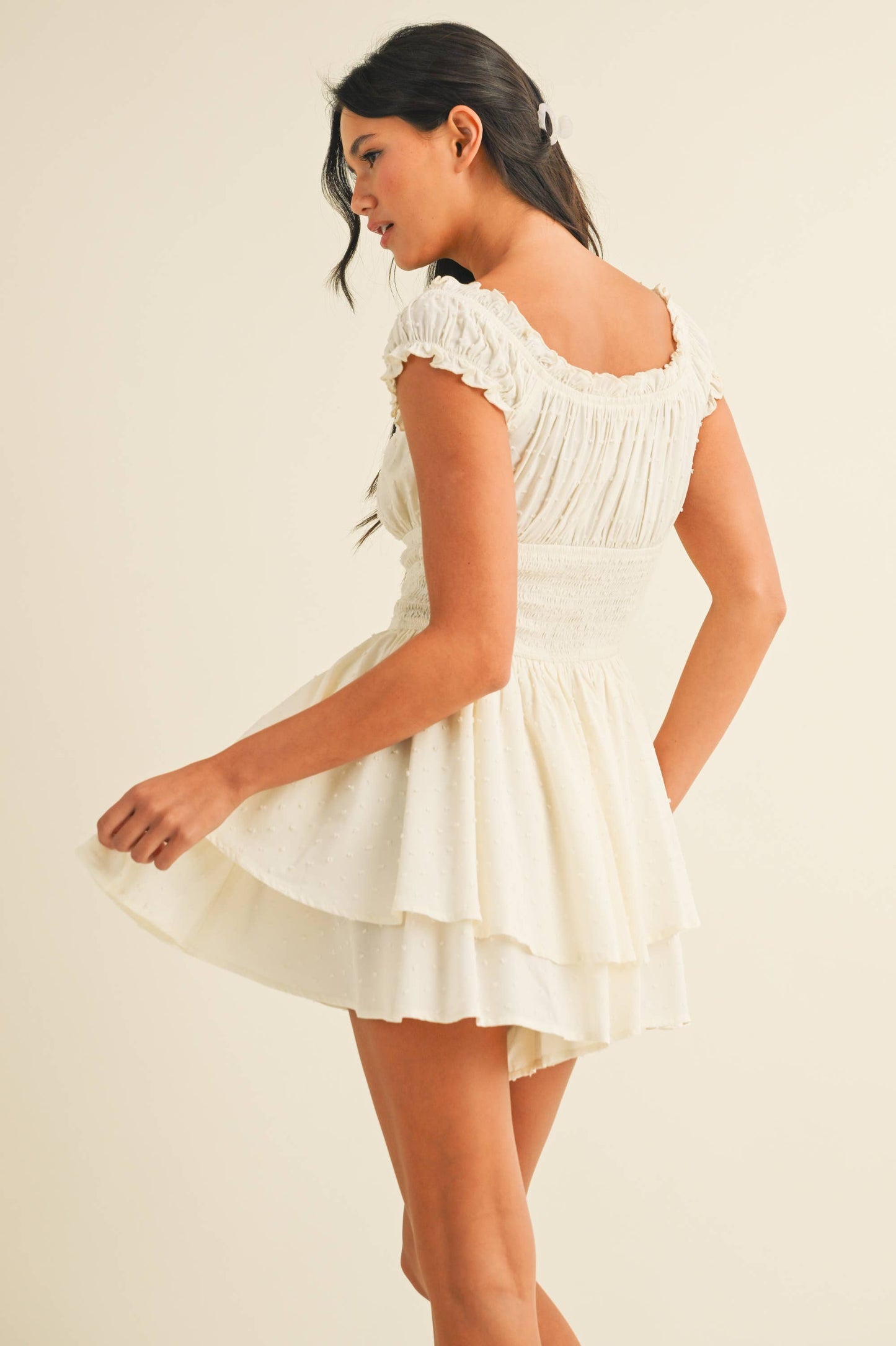 Next Chapter SMOCKED DOTTED FABRIC RUCHED FLOWY ROMPER