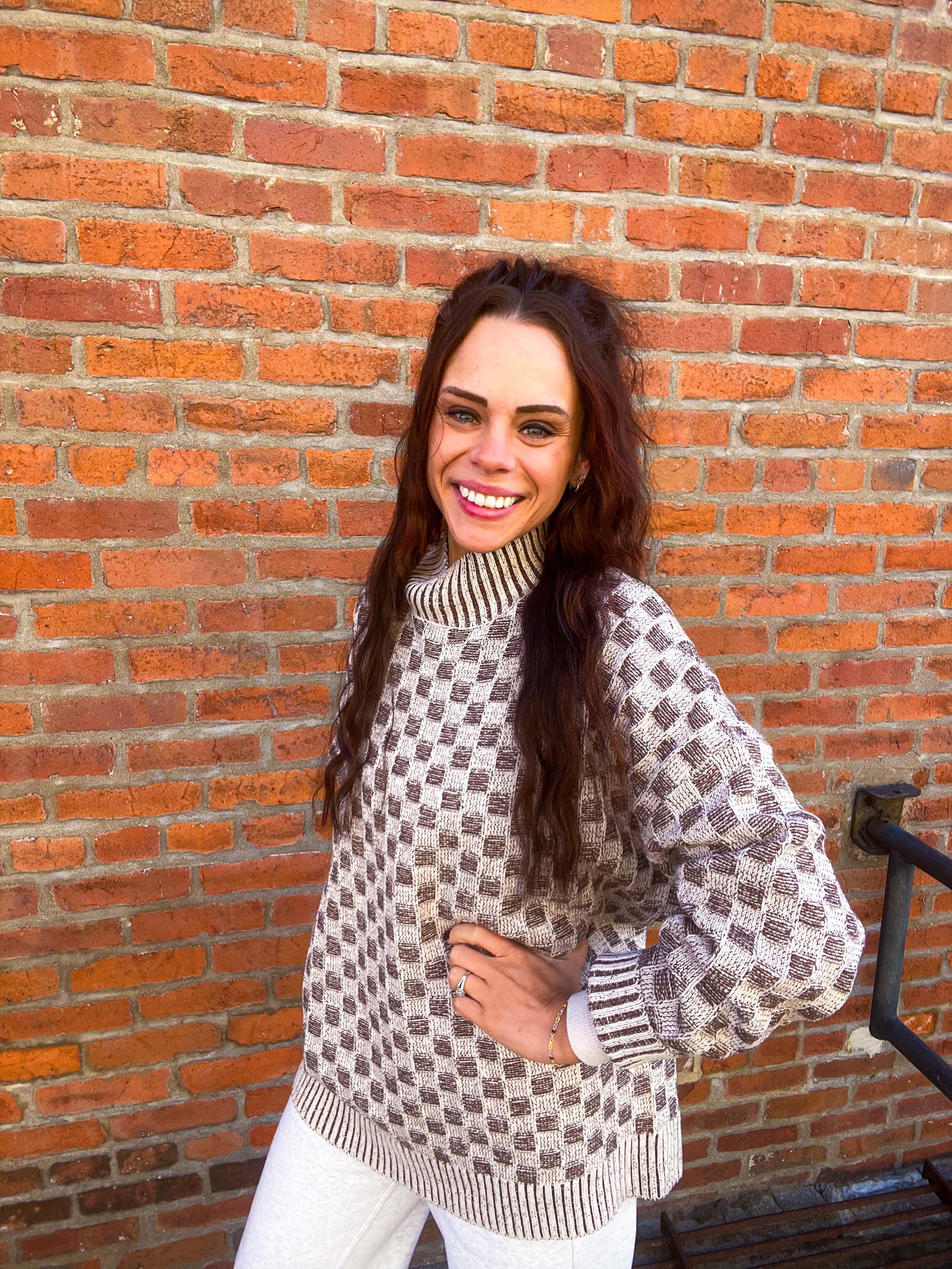 Just Checking in Two-Tone Checkerboard Knit Mock-Neck Sweater