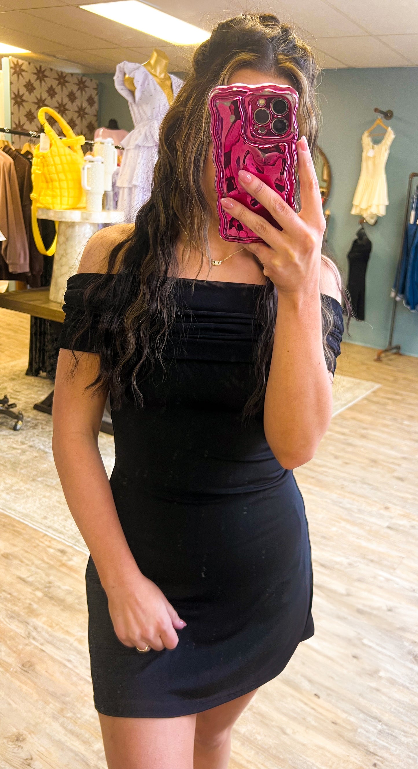 LBD FOLDOVER OFF SHOUDER MESH MINI DRESS WITH LINING