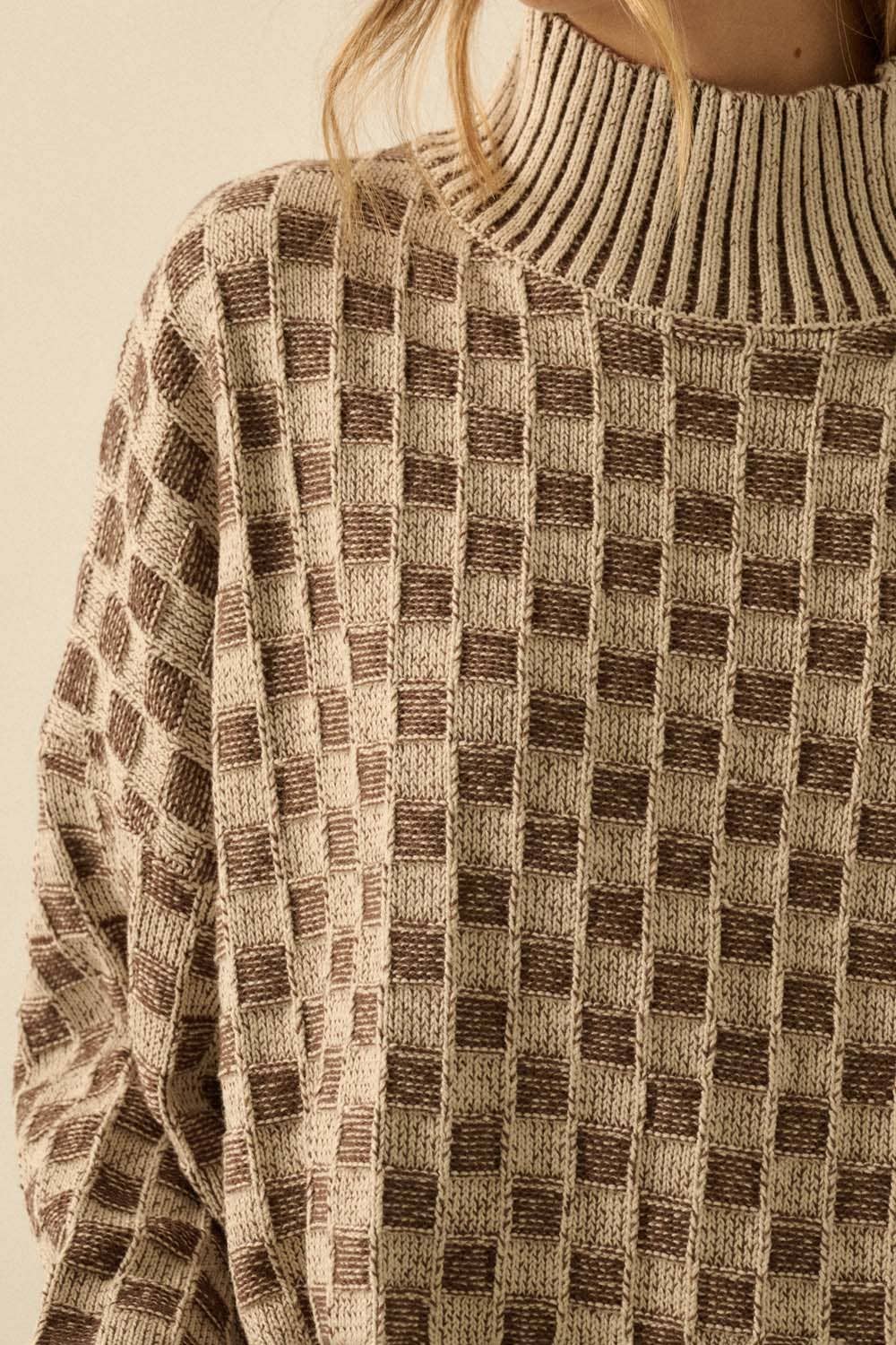 Just Checking in Two-Tone Checkerboard Knit Mock-Neck Sweater