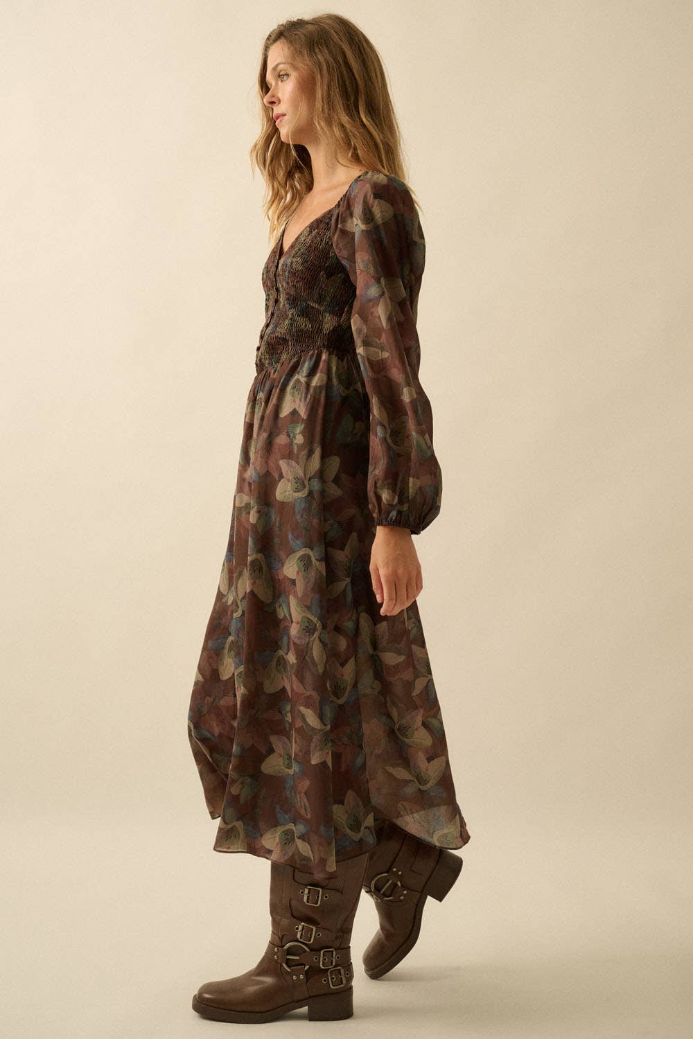 Harvest - Floral Smocked Sweetheart Bubble-Sleeve Midi Dress