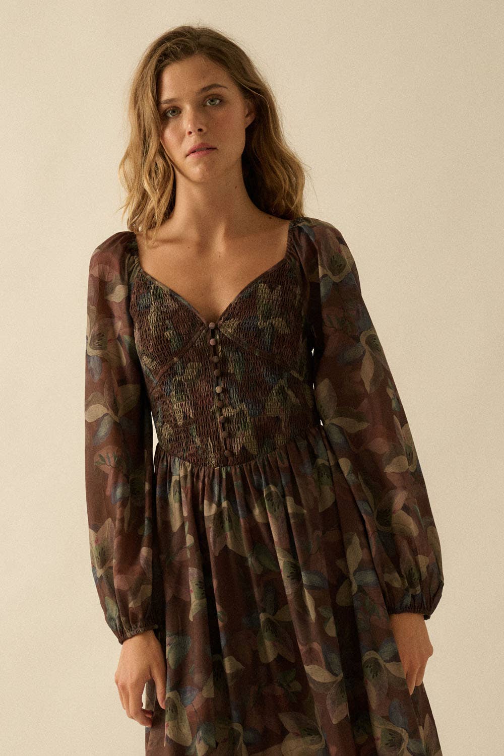 Harvest - Floral Smocked Sweetheart Bubble-Sleeve Midi Dress