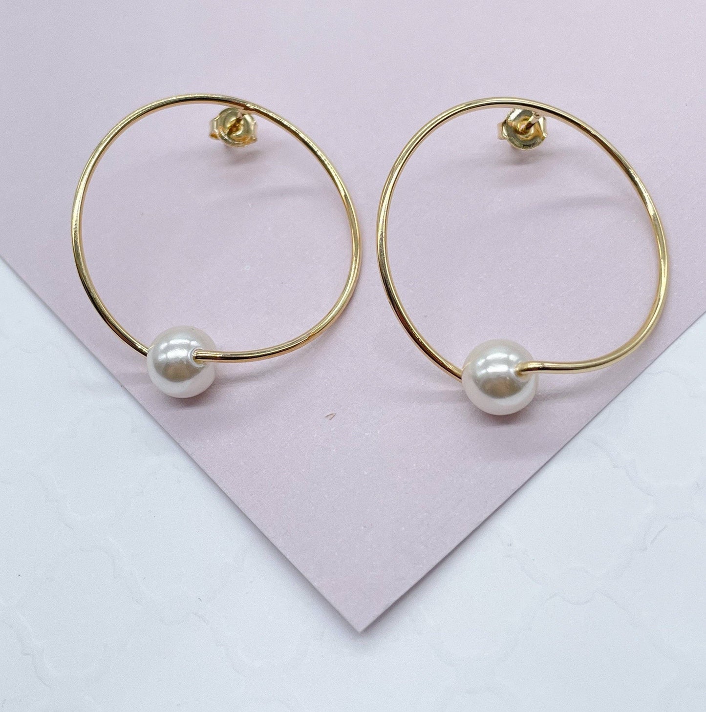 Milie Jewels - 18k Gold Filled Designed Thin Hoop Earring With Simulated Pearl Wholesale