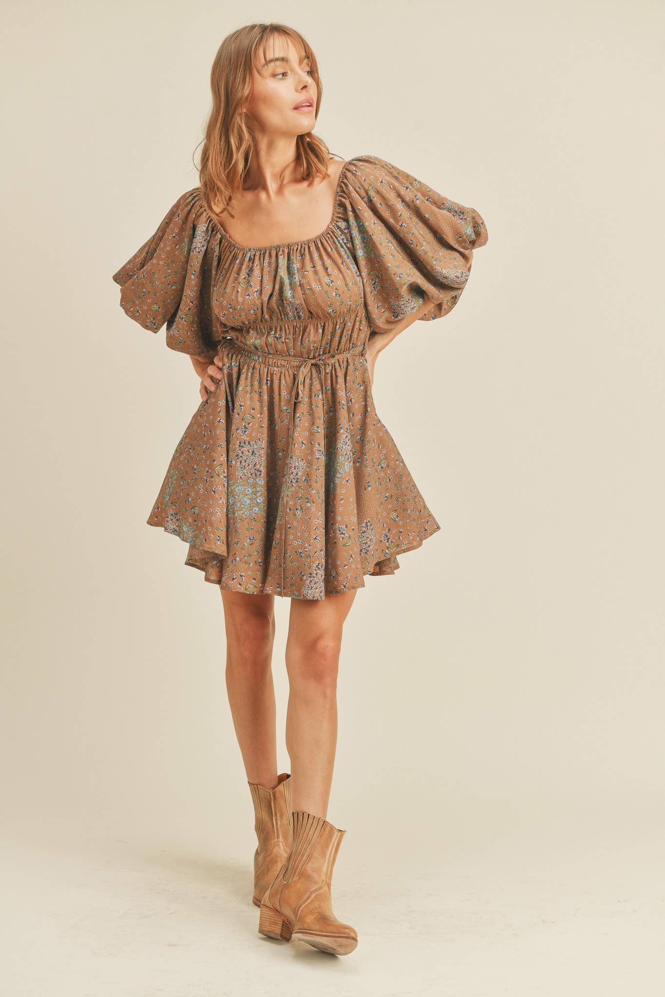 Parmalee FLORAL PRINT BUBBLE SLEEVE FLARED MINI DRESS