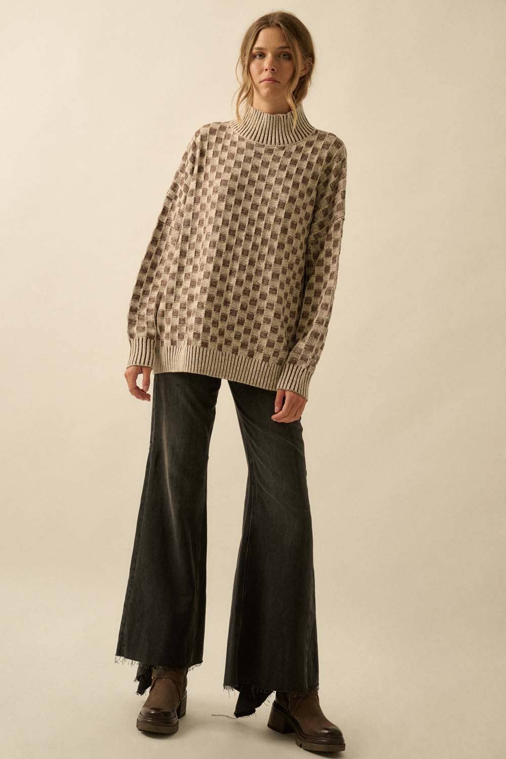 Just Checking in Two-Tone Checkerboard Knit Mock-Neck Sweater