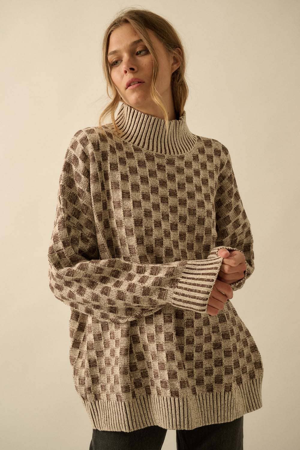 Just Checking in Two-Tone Checkerboard Knit Mock-Neck Sweater