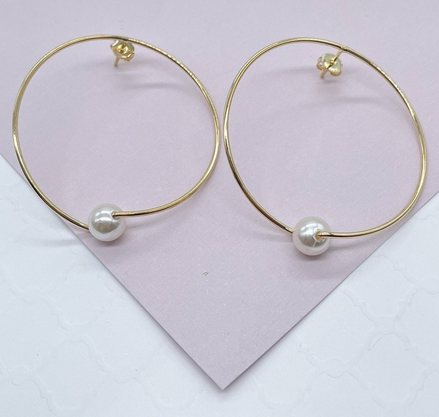 Milie Jewels - 18k Gold Filled Designed Thin Hoop Earring With Simulated Pearl Wholesale