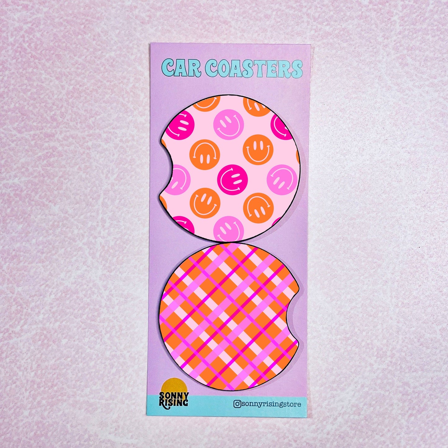 Sonny Rising - 2 Car Coasters, Pink and Orange Happy Gingham