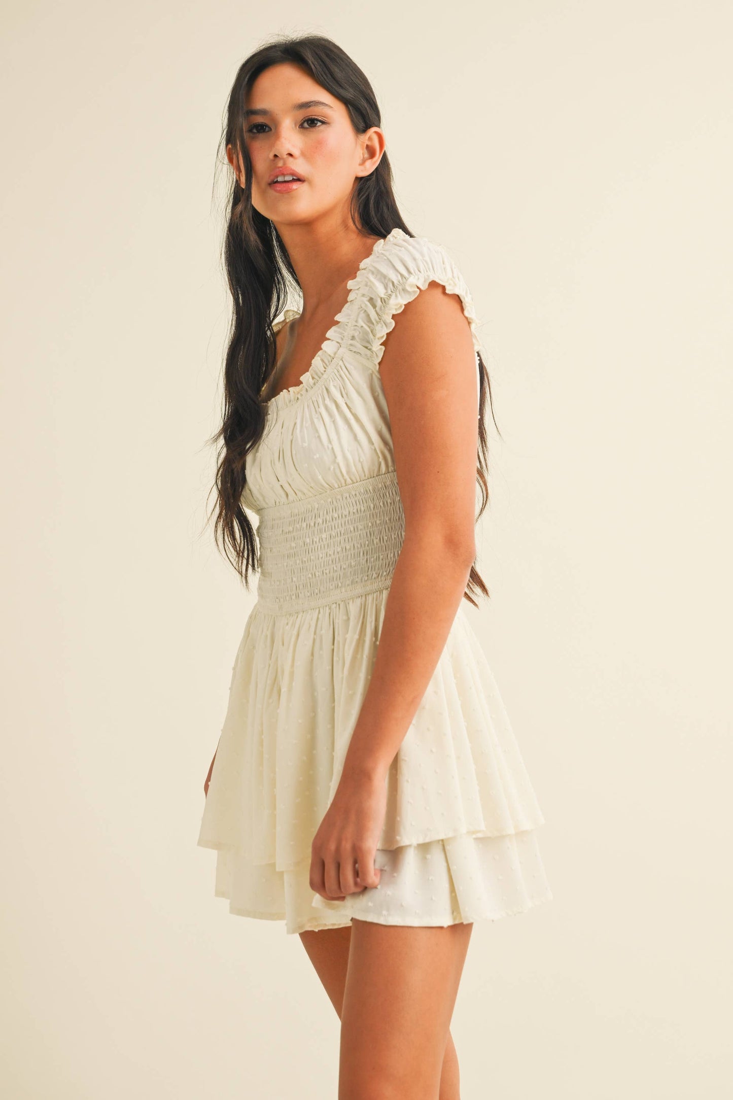 Next Chapter SMOCKED DOTTED FABRIC RUCHED FLOWY ROMPER