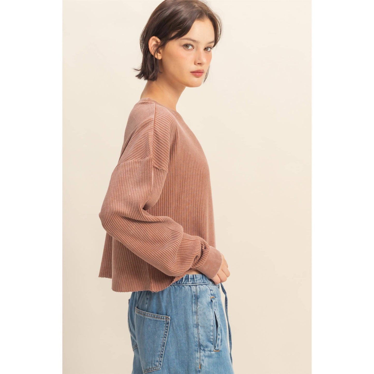 Just in time Mineral Washed Waffle Long Sleeve Top