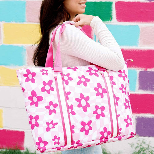 Pink Flowers Checkered Pattern Beach Tote Bags