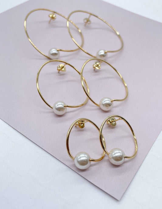 Milie Jewels - 18k Gold Filled Designed Thin Hoop Earring With Simulated Pearl Wholesale