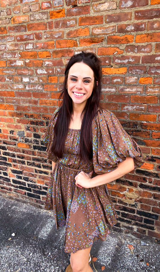 Parmalee FLORAL PRINT BUBBLE SLEEVE FLARED MINI DRESS