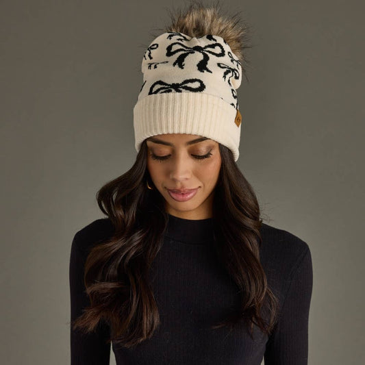 Panache Apparel Co. - Beige & Black Bow Pom Hat
