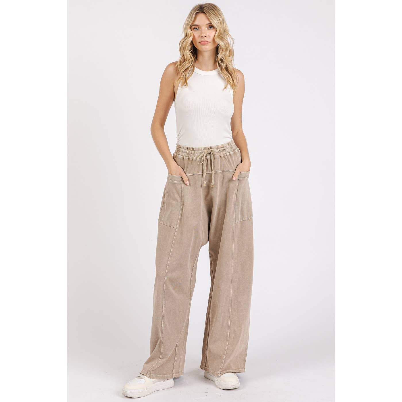 Mauney - MINERAL WASH ELASTIC WAIST BARREL LEG BAGGY PANTS
