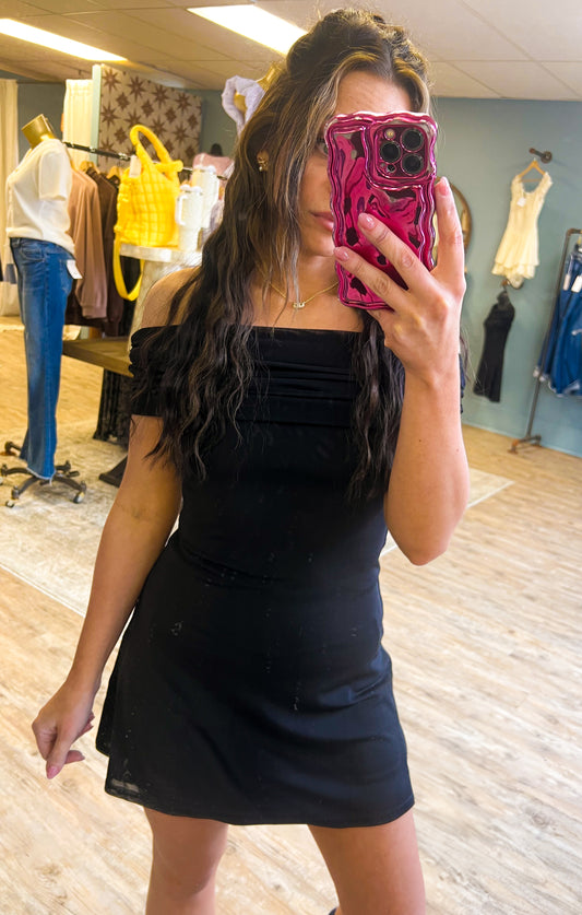 LBD FOLDOVER OFF SHOUDER MESH MINI DRESS WITH LINING