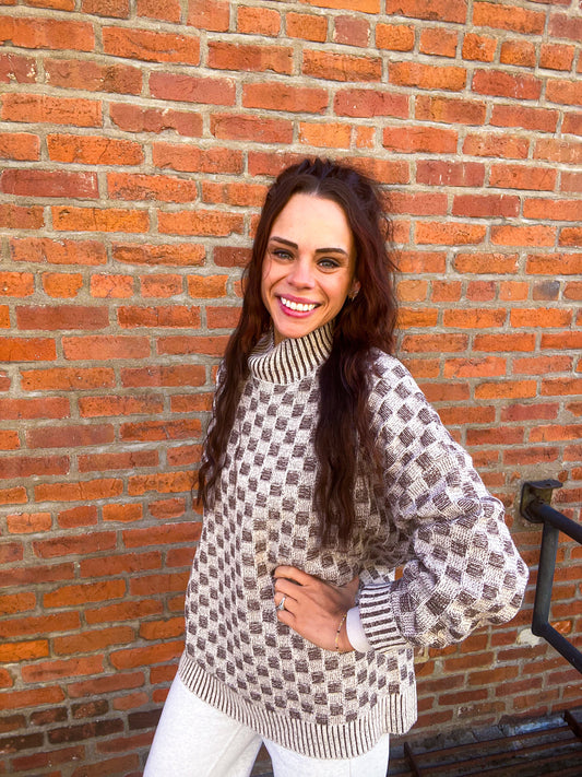 Just Checking in Two-Tone Checkerboard Knit Mock-Neck Sweater