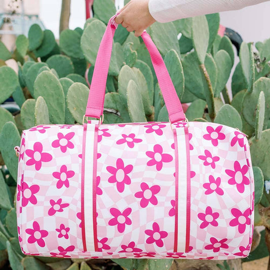 Pink Flower w/ Groovy Checkered Pattern Weekender Bag
