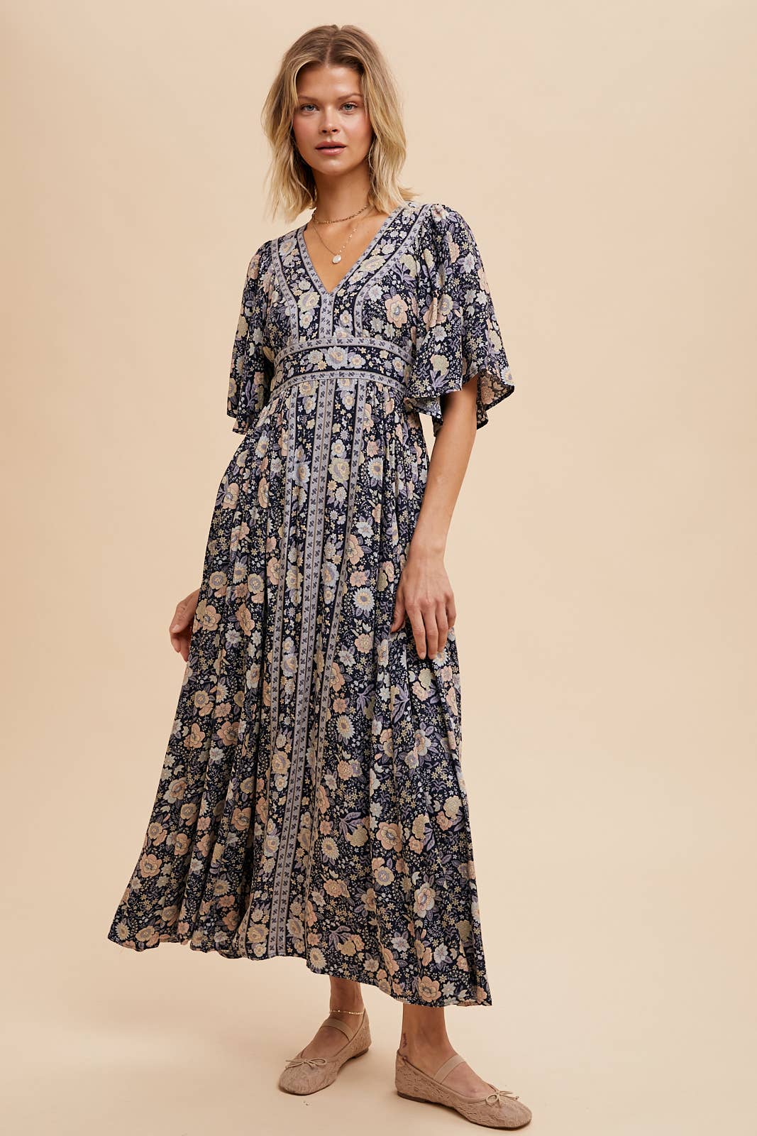 BORDER PRINT FLUTTER SLEEVE MAXI