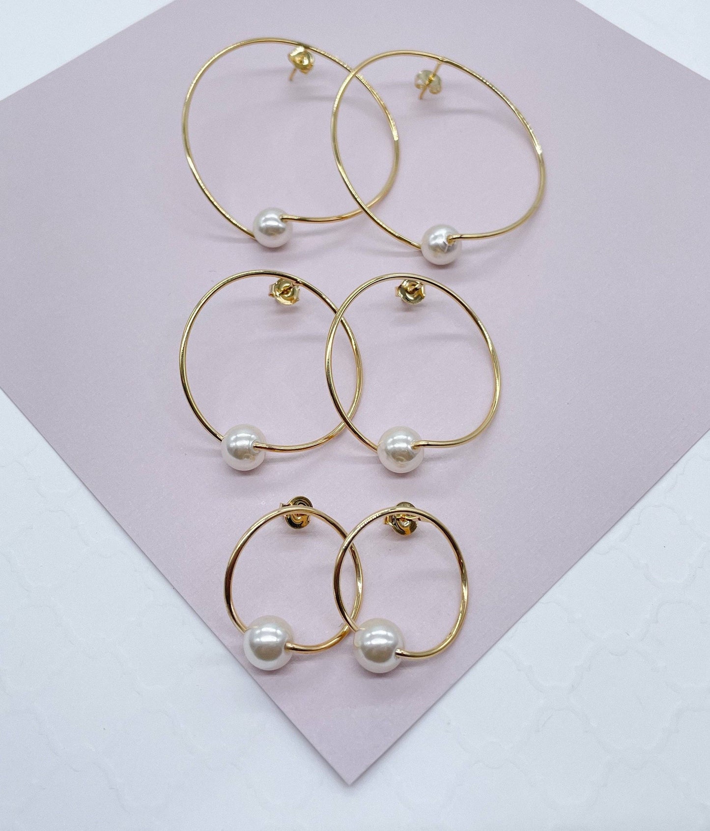 Milie Jewels - 18k Gold Filled Designed Thin Hoop Earring With Simulated Pearl Wholesale